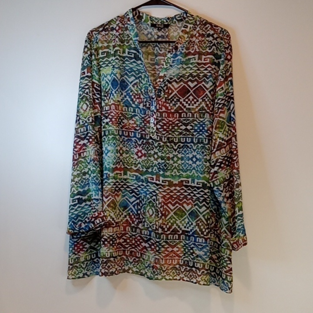 Lior Paris Top Geometric Print Long Sleeve V-Neck 1/4 Button Up Women's Sz XL